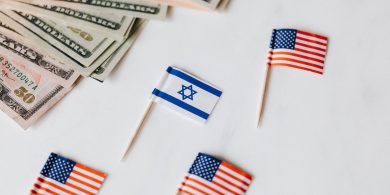 flags of usa and israel placed near dollar banknotes